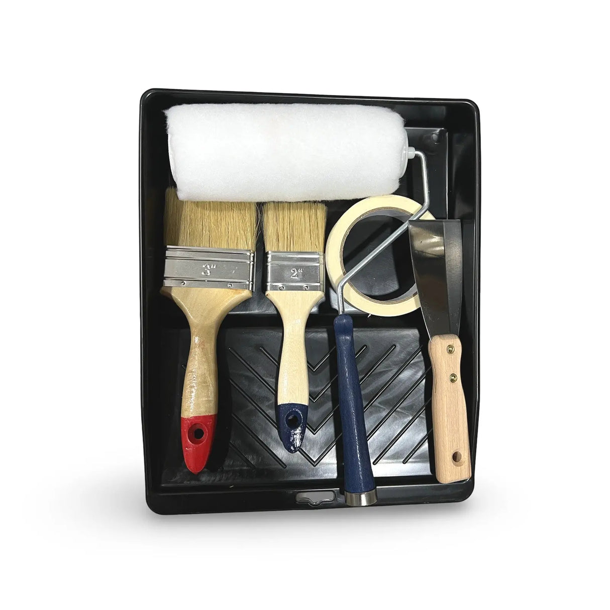 KIT BANDEJA PINTURA + RODILLO + 2 BROCHAS + MASKING TAPE + ESPATULAPassol
