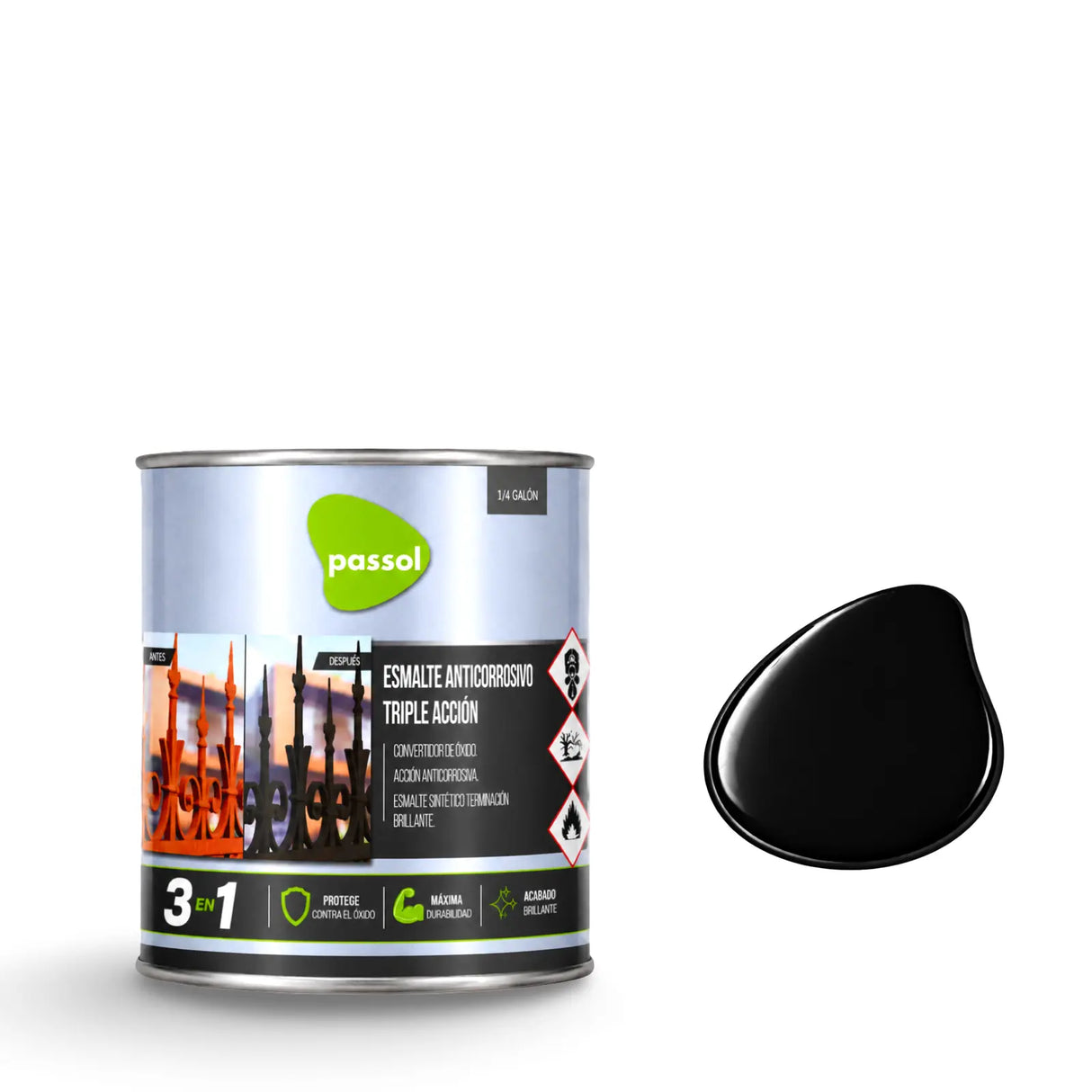 Esmalte Anticorrosivo Triple Acción Metal PassolNegro1/4 de GalónPassol