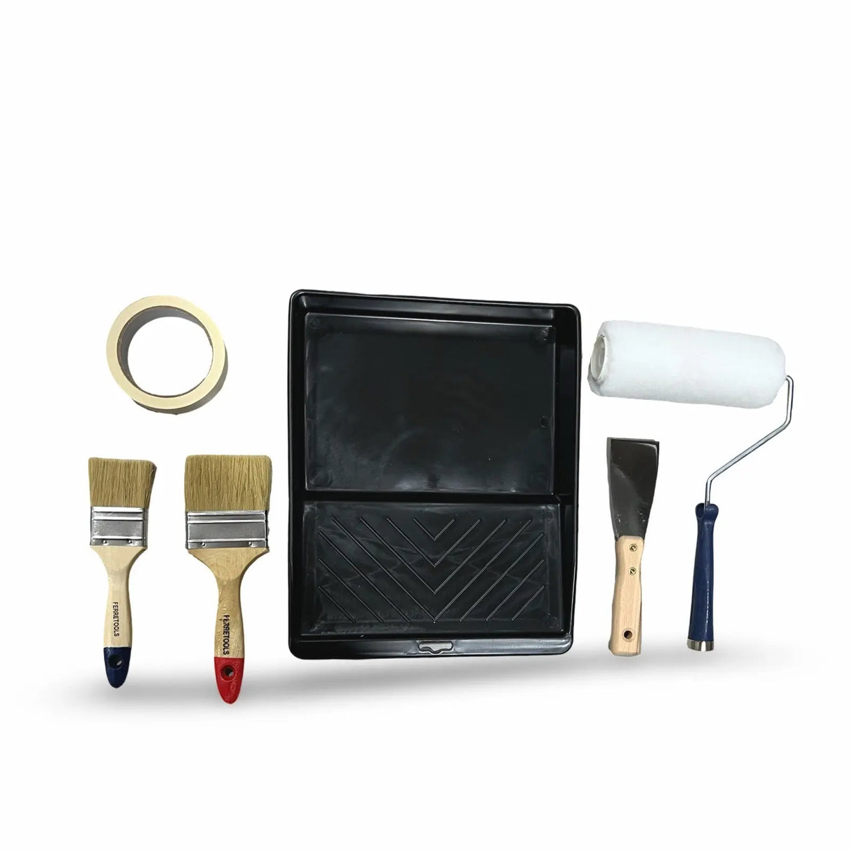 KIT BANDEJA PINTURA + RODILLO + 2 BROCHAS + MASKING TAPE + ESPATULA PASSOL